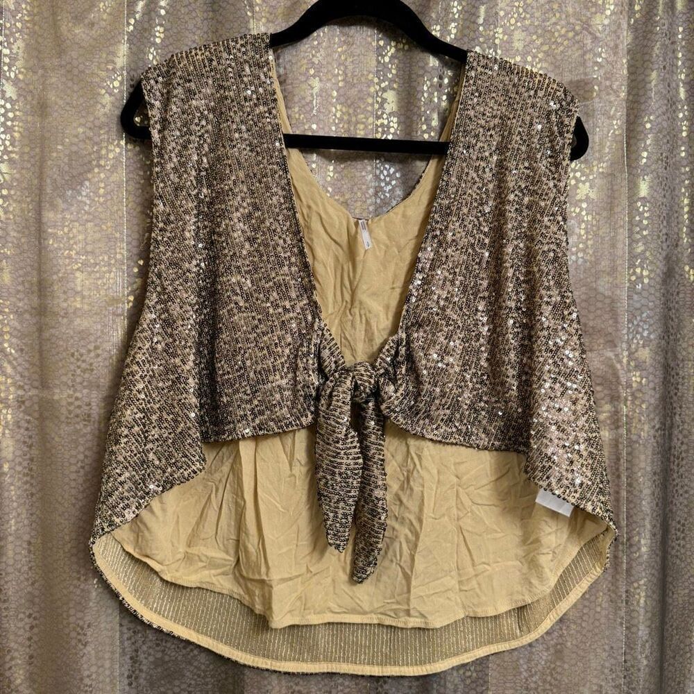 Free People Gold Sequin Lost In Your Light Tie Front Tank Top Small